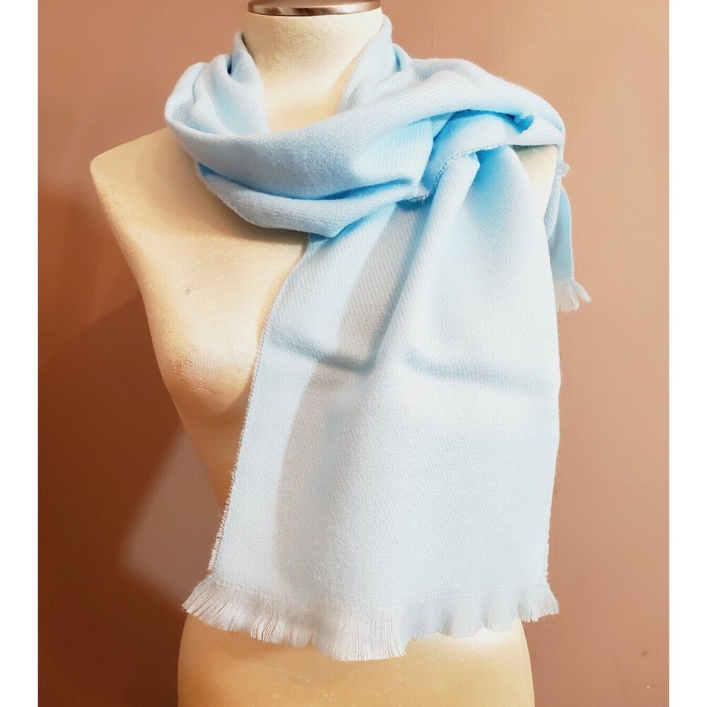 Alyssa Scarf Wrap Sky Blue Solid Woven Self Fringe 10.5"x 52" Soft Vintage Japan